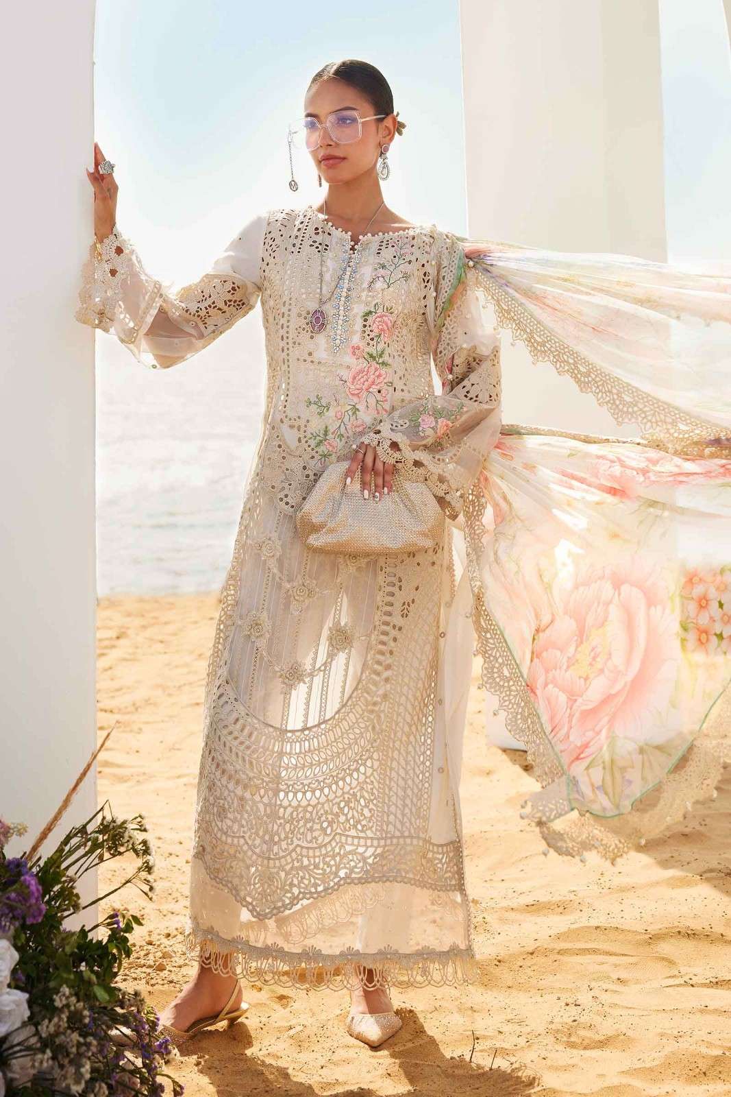Classic White Lawn Suit with Gold Work